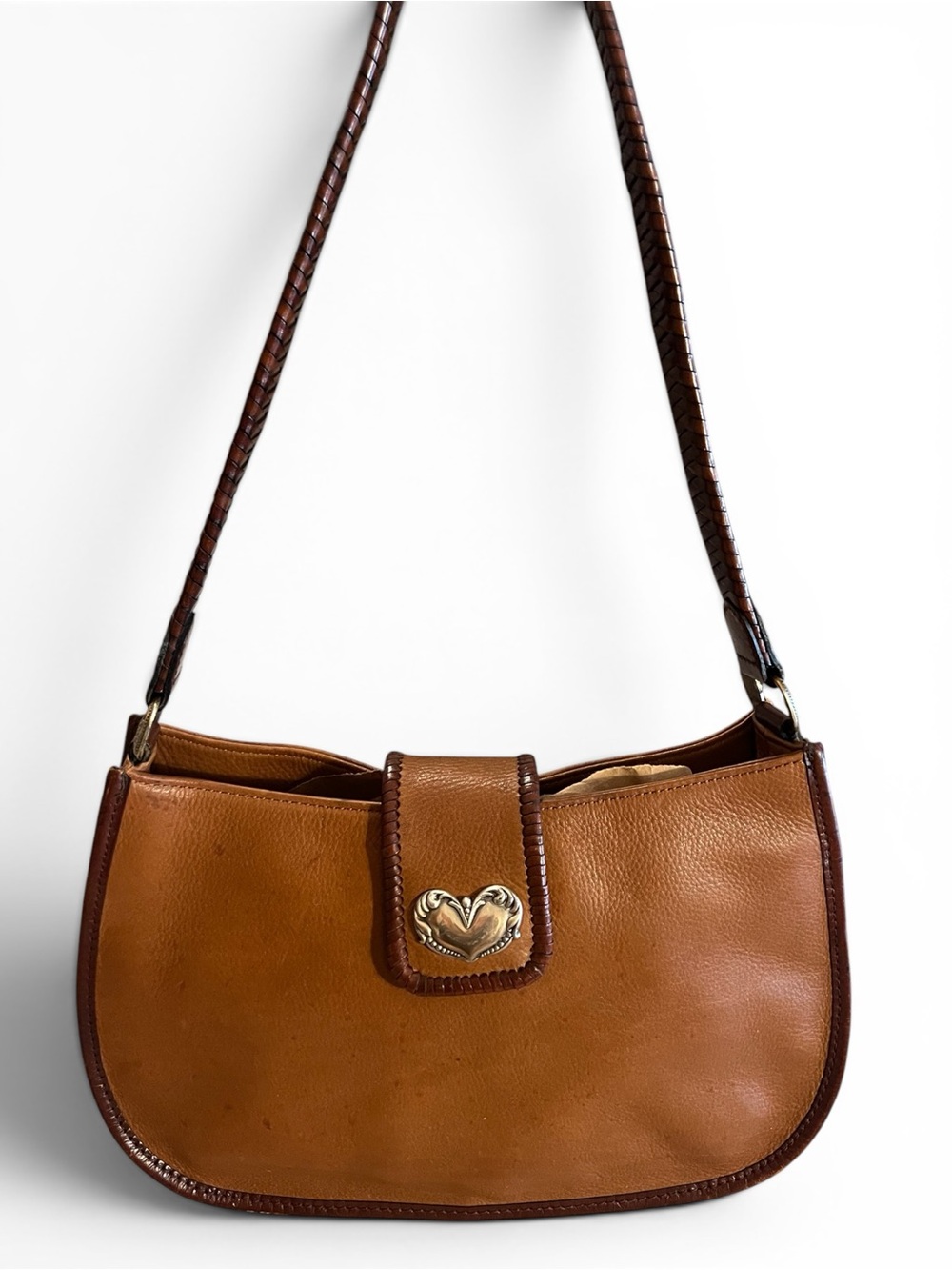 Vintage Fossil Tan Leather Shoulder Bag with Braided Strap & Silver Heart Accent